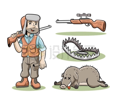 扛着猎枪的卡通猎人捕兽夹和杀死的野猪9662077矢量图片免抠素材