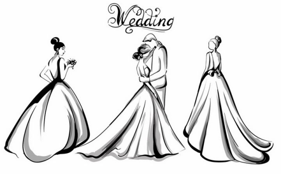 手绘素描风格穿婚纱的新娘和新郎接吻结婚订婚png图片免抠eps矢量素材