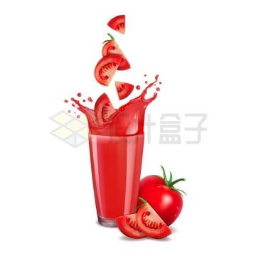 玻璃杯中飞溅的番茄汁和切开的西红柿果汁广告效果8156448矢量图片免抠素材