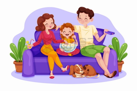 卡通爸爸妈妈和孩子一起坐在沙发上聊天看电视亲子关系png图片素材