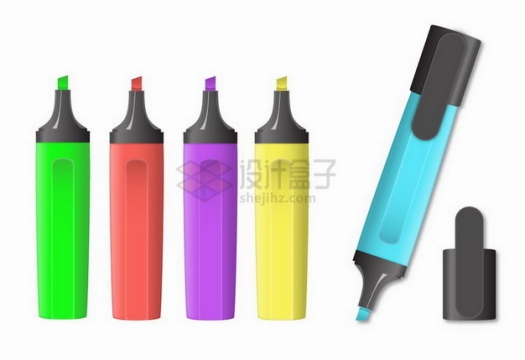 5种颜色的卡通水彩笔画笔png图片免抠矢量素材