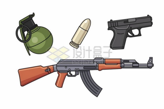 手榴弹子弹手枪AK47自动步枪等手绘插画3768751png图片免抠素材