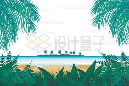 穿过树叶看到的大海和远处的小岛风景插画7102870矢量图片免抠素材