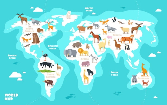 卡通风格野生动物世界地图中学地理配图图片免抠素材