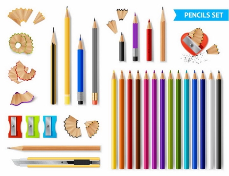 各种彩色铅笔画笔和铅笔刀铅笔屑png图片免抠矢量素材