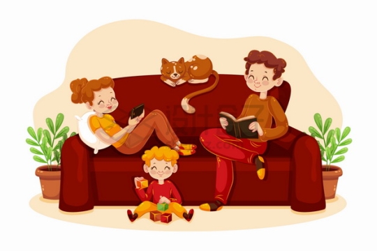卡通爸爸妈妈和孩子一起坐在沙发上看书玩耍亲子关系png图片素材