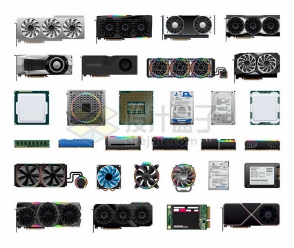 各种各样的显卡CPU机械硬盘内存散热器等电脑配件6800529矢量图片免抠素材