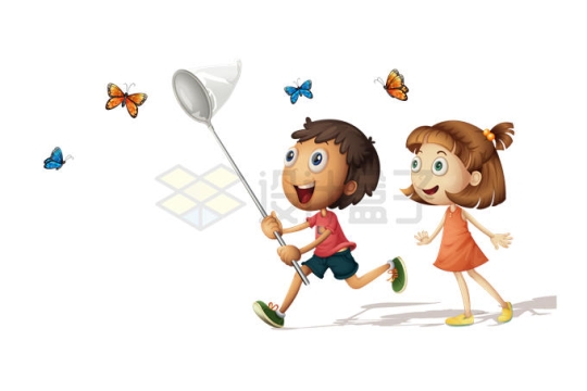 两个卡通小朋友拿着捕虫网抓蝴蝶童年生活9450542矢量图片免抠素材