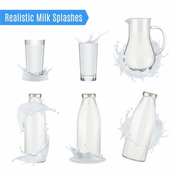 6款乳白色牛奶液体包围着的牛奶杯和牛奶瓶png图片免抠矢量素材