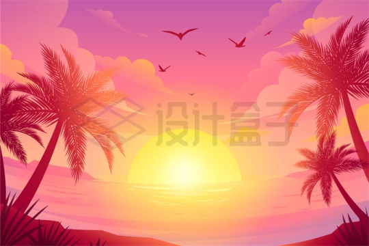 日落的太阳和红色的大海唯美风景插画7541829矢量图片免抠素材