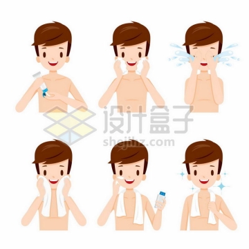 卡通男孩正在使用洗面奶洗脸擦脸涂护肤霜男士护肤流程图5864343矢量图片免抠素材