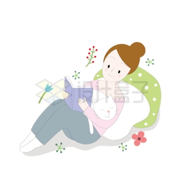 卡通女孩抱着猫咪坐在地上看书插画5858299矢量图片免抠素材