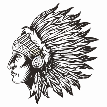 印第安酋长画像头像侧视图黑色线条手绘插画png图片素材