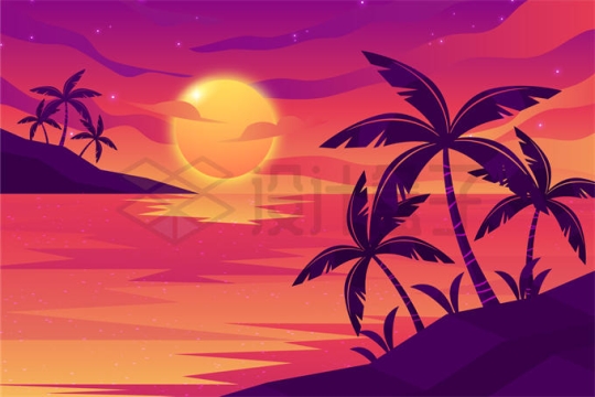 夕阳西下的大海海湾风景插画3147136矢量图片免抠素材