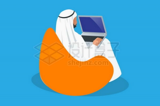 坐在懒人沙发上的中东土豪阿拉伯商人正在使用笔记本电脑4853761矢量图片免抠素材