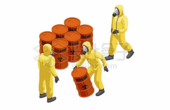 3个身穿黄色防护服的危险品处理人员正在搬运红色化工桶6912709矢量图片免抠素材