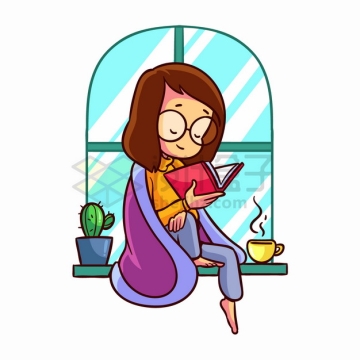 卡通女孩裹着毯子坐在窗户前的窗台上看书读书手绘插画png图片素材