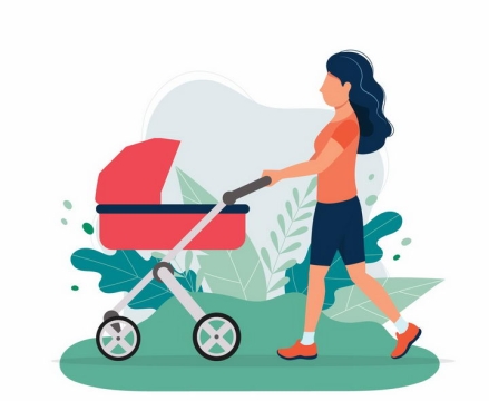 扁平插画风格推车婴儿车散步的年轻妈妈png图片免抠素材
