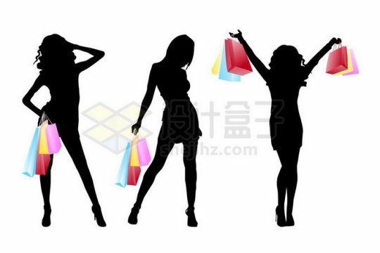 3款年轻女人时尚女郎人物剪影拿着彩色购物袋象征了买买买6479149矢量图片免抠素材