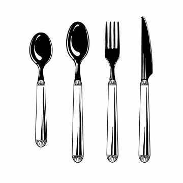 黑白色风格勺子汤勺叉子和餐刀png图片免抠素材