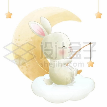 超可爱卡通小兔子坐在弯弯月亮云朵上钓星星晚安晚上好3366954矢量图片免抠素材