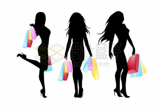 3款年轻女人时尚女郎人物剪影拿着彩色购物袋象征了买买买3747989矢量图片免抠素材