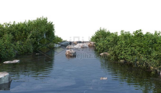 河流小河平静的水面和水中的石块以及两岸浓密的灌木丛6870861PSD免抠图片素材