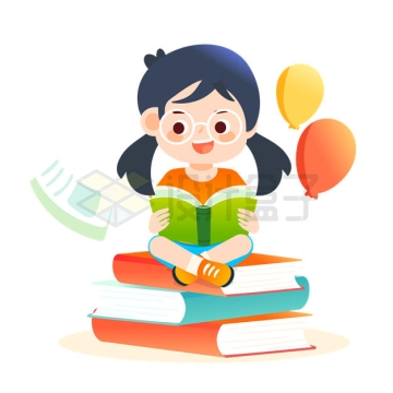 可爱卡通小女孩小学生坐在书本上快乐看书阅读读书插画9397057矢量图片免抠素材