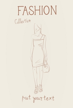 简约线条风格时尚提着小包的连衣裙职场女性时装设计草图图片免抠矢量素材