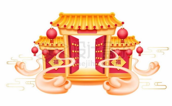 新年春节传统建筑红色大门黄色瓦片宫殿大门2922354矢量图片免抠素材