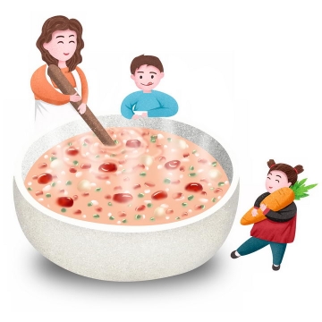 卡通彩绘正在做腊八粥八宝粥养生粥腊八节传统美食的妈妈和孩子图片免抠png素材
