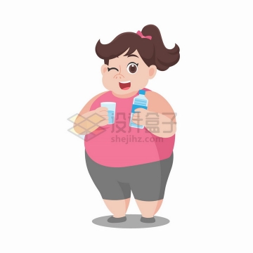 正在喝水的胖女孩减肥插画png图片免抠矢量素材