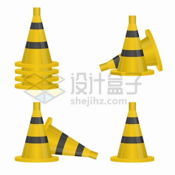 4款黄黑色的橡胶路锥道路设施png图片免抠矢量素材