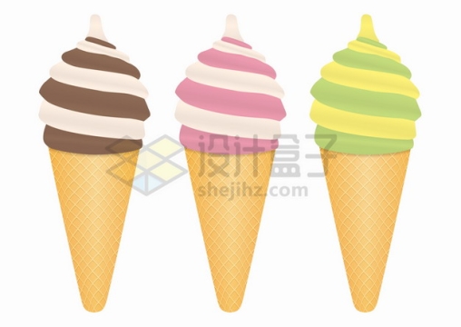 3款彩色条纹的雪糕冰淇淋甜筒蛋筒美味冷饮png图片素材