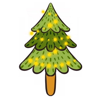 闪着黄色发光五角星装饰的卡通圣诞树手绘插画235779png图片素材