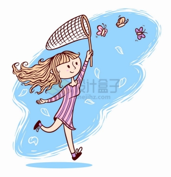 春天里可爱卡通女孩拿着捕虫网抓蝴蝶手绘插画png图片免抠矢量素材