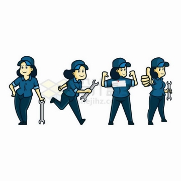 4款拿着扳手的卡通女性维修工人png图片免抠矢量素材