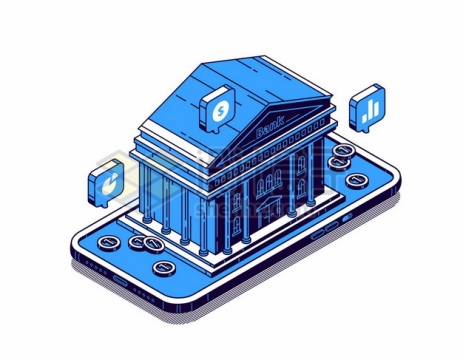 蓝色手机上的银行建筑象征了手机金融支付616066png矢量图片素材