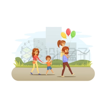 一家四口在公园散步温馨家庭插画9312581矢量图片免抠素材