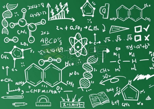 墨绿色黑板上的粉笔涂鸦的数学计算公式免抠图片素材