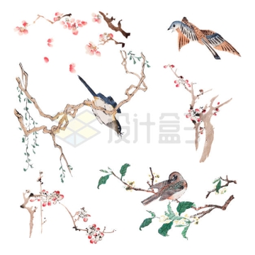 各种彩色水墨画国画风格枝头上的麻雀小鸟9007936矢量图片免抠素材