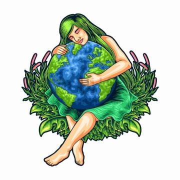 女神抱着地球彩绘插画png图片素材