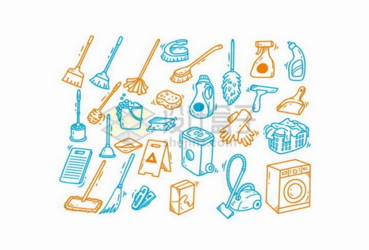 扫帚畚箕浇水壶吸尘器洗衣机等手绘清洁工具385946png矢量图片素材