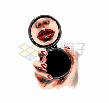  Look at the beautiful women with lipstick color in the makeup mirror, makeup, makeup, color painting, illustration, png picture material