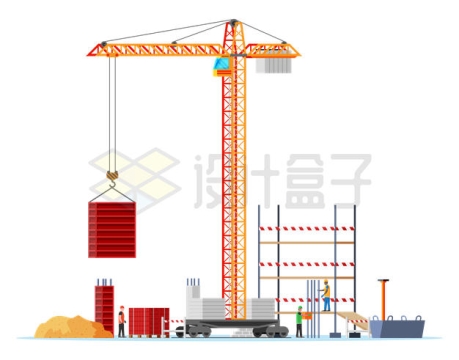 黄色塔吊正在建筑工地上吊建筑材料2456462矢量图片免抠素材