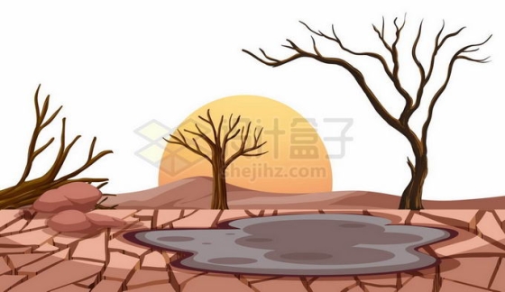 强烈太阳下枯树干涸的泥塘和地面干裂干旱旱灾8683370矢量图片免抠素材