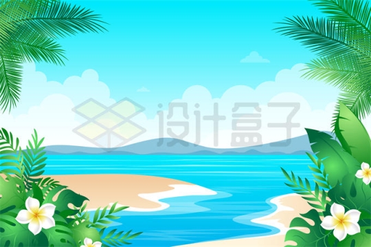 树叶花朵装饰的蔚蓝色大海海湾风景插画8021636矢量图片免抠素材