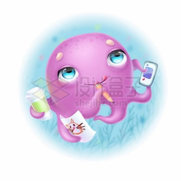 超可爱的卡通小章鱼拿着铅笔手机和绘画3032851矢量图片免抠素材免费下载
