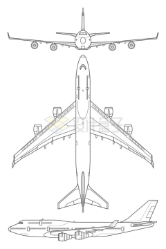 线条风格波音747大型客机三视图2590529矢量图片免抠素材