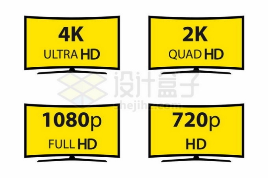4K/2K/1080P/720P四种分辨率的曲面屏显示器2941150矢量图片免抠素材